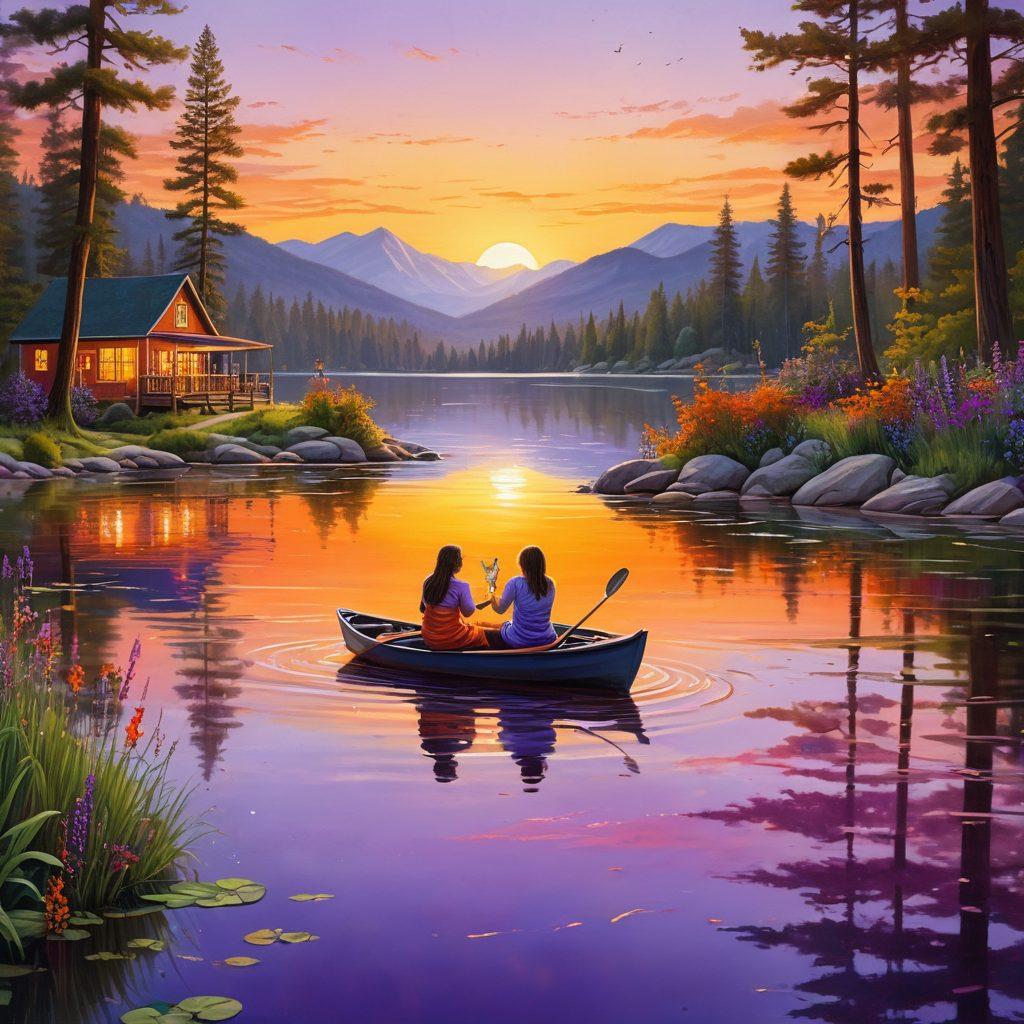 A serene lakeside scene at sunset where a diverse family and friends are joyfully engaged in crafting activities, surrounded by colorful supplies like paints and canvases. Lush greenery and playful water reflections create a warm, inviting atmosphere. Capture the smiles, laughter, and togetherness as they create beautiful art pieces. The sky is painted in shades of orange and purple, accentuating the blissful moment. vibrant colors. super-realistic.