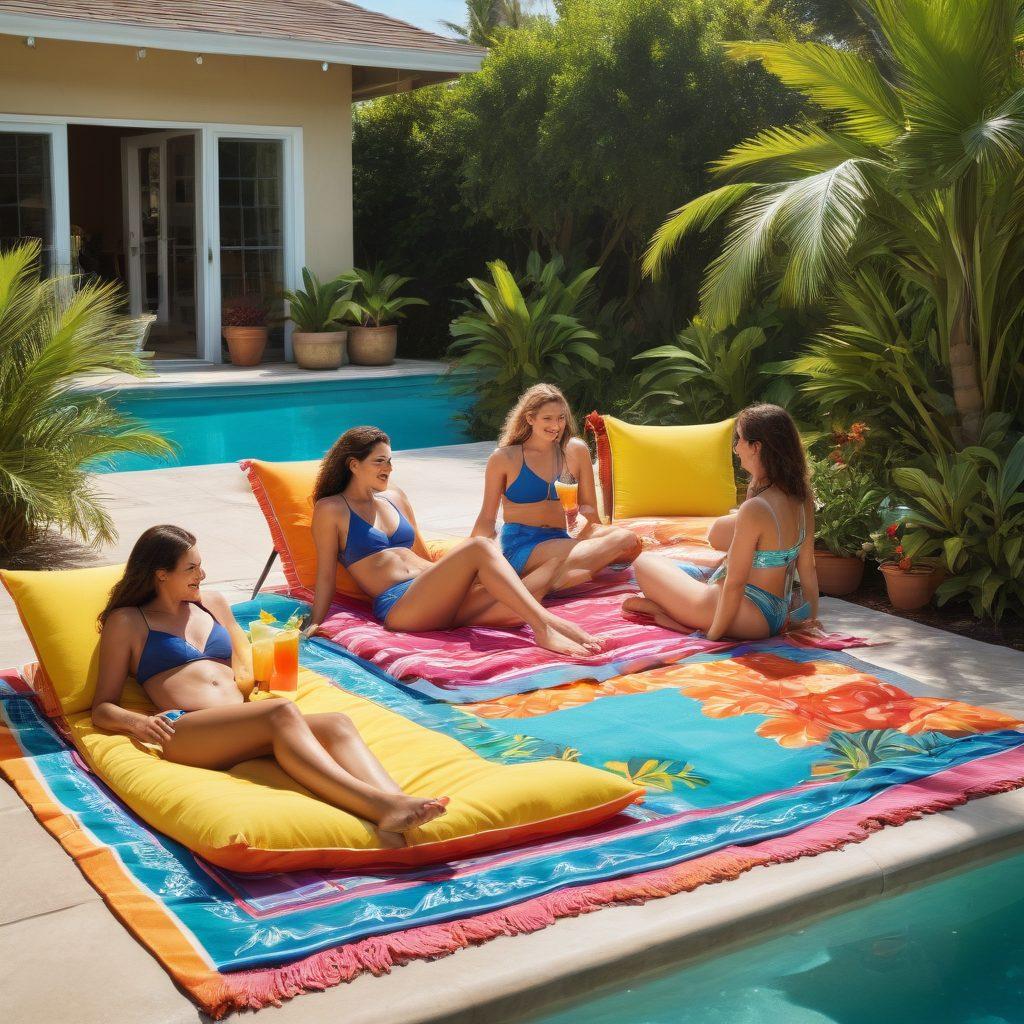 A serene poolside scene with a group of friends and family enjoying a sunny day, laughter in the air, colorful beach towels spread out, a refreshing drink in hand, vibrant tropical plants surrounding the pool, and playful pool floats scattered. super-realistic. vibrant colors. summer atmosphere.