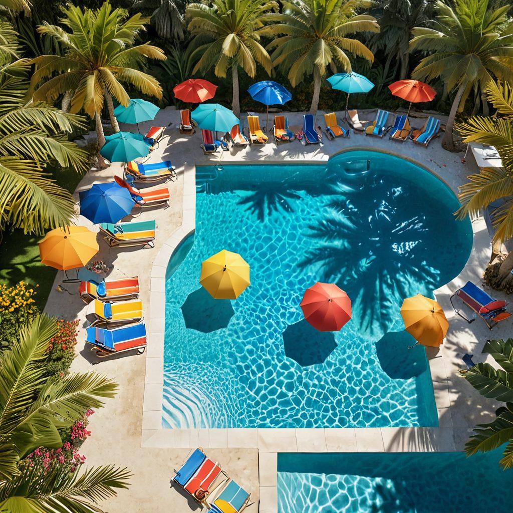 A vibrant pool scene filled with colorful beach umbrellas, lounge chairs, and inflatable floats. People of diverse backgrounds enjoying a sunny day, sipping tropical drinks, and splashing in the water. Bright flowers and palm trees surround the pool area, creating a festive atmosphere. Emphasize the warmth and joy of summer leisure. super-realistic. vibrant colors. 3D.